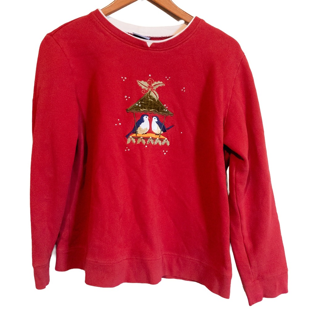 VTG Classic Red Christmas Bird Sweatshirt Embroidered Holiday Grandmacore L